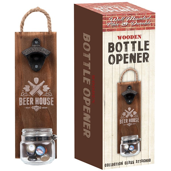 פותחן בקבוקים על לוח עץ מחובר לקיר Beer House