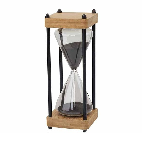 שעון חול זכוכית עץ ונחושת מד מדידה 15 דקות