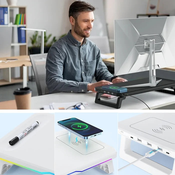 מעמד למסך מחשב עם הטענה אלחוטית ומפצל USB