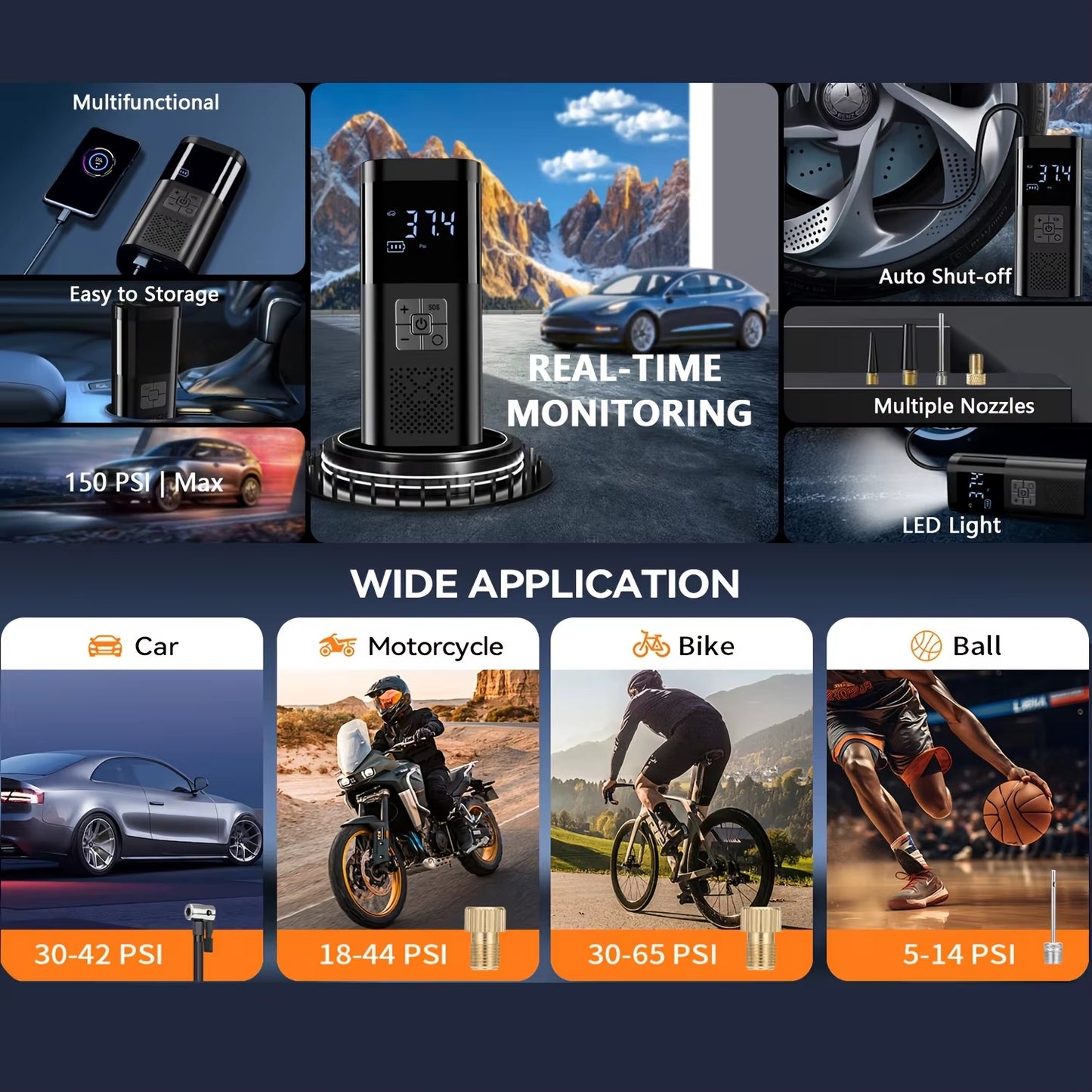 משאבת אוויר נטענת לאופנוע כדורים ואופניים