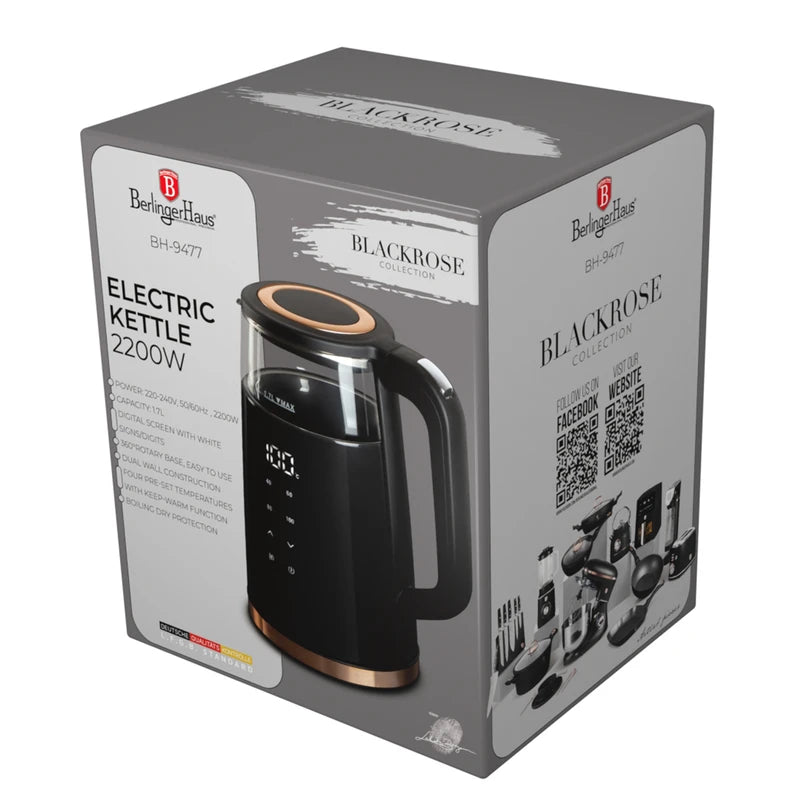 קומקום זכוכית חשמלי 1.7 ליטר Berlinger Haus Black Rose BH9477