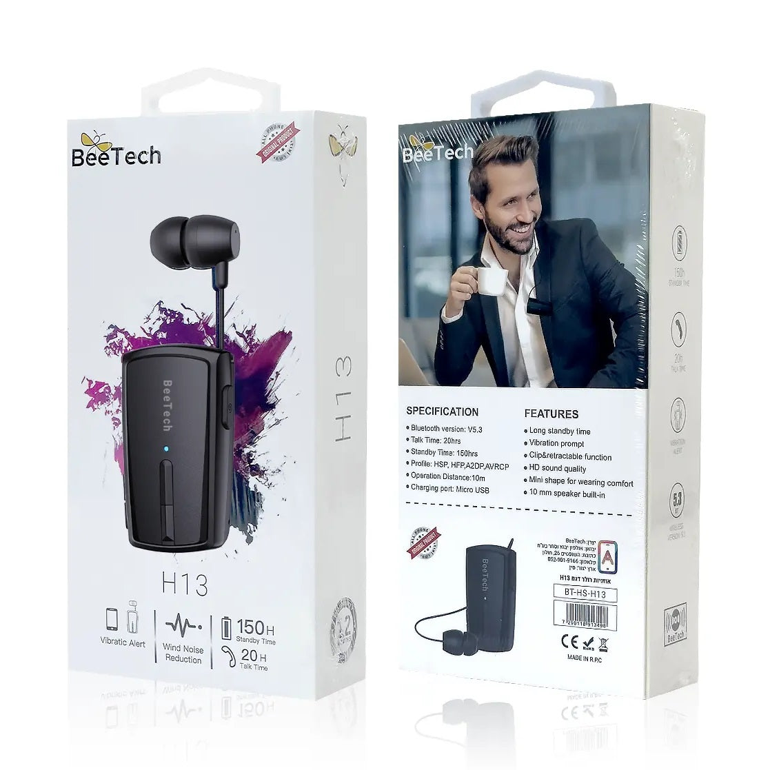 אוזניית בלוטוס עם חוט BeeTech H13