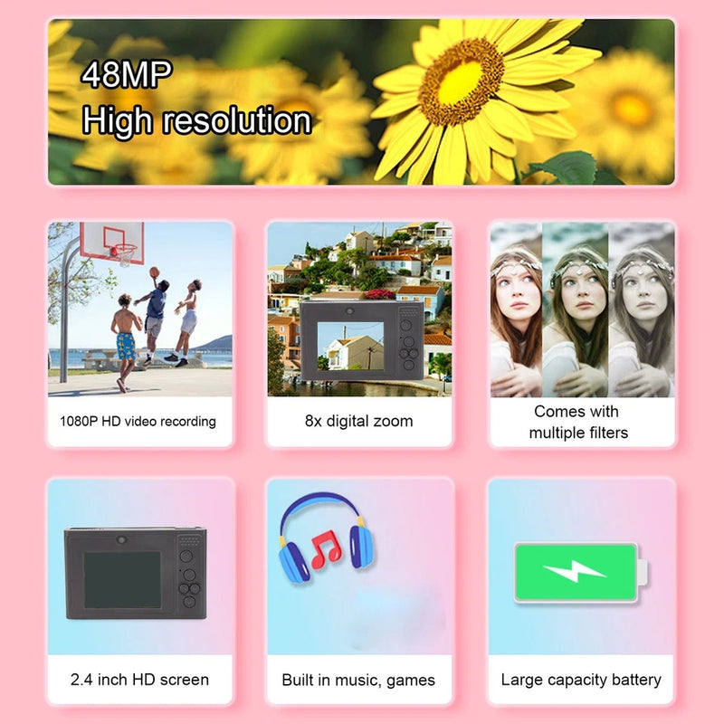 מצלמה דיגיטלית לילדים של גאדג'ט-ליין מימד חדש, 48MP, מצלמה קטנה ונוחה לצילום לילדים