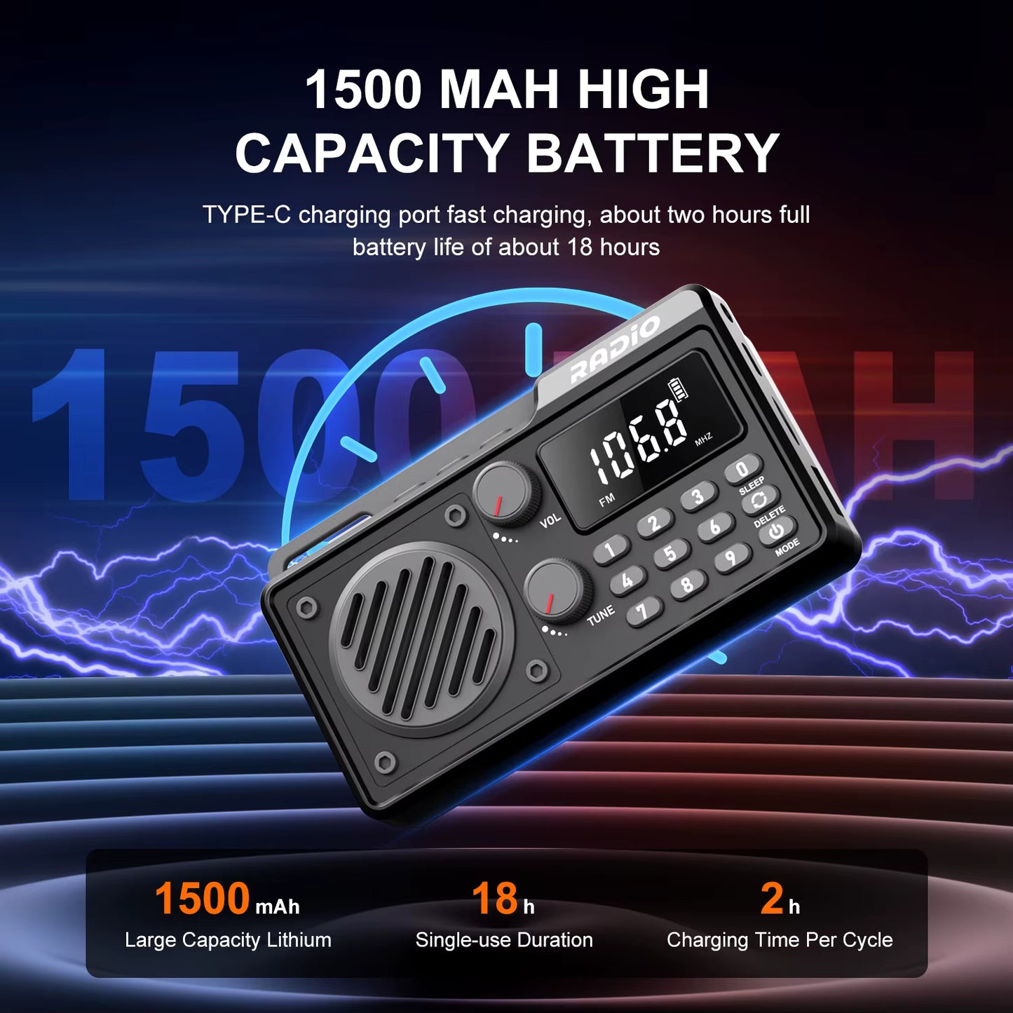 רדיו טרנזיסטור נייד נטען 1500mAh