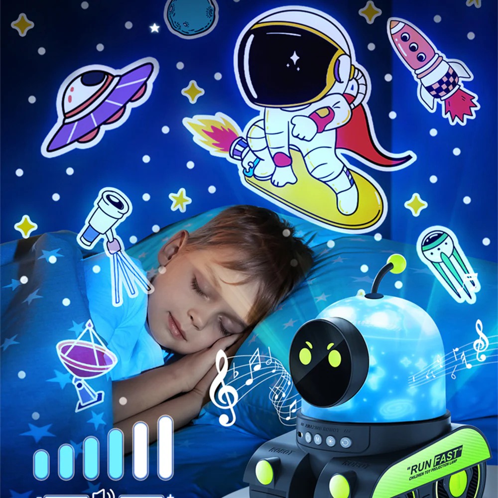 רובוט מקרן צורות עם רמקול בלוטוס ומנורת לילה