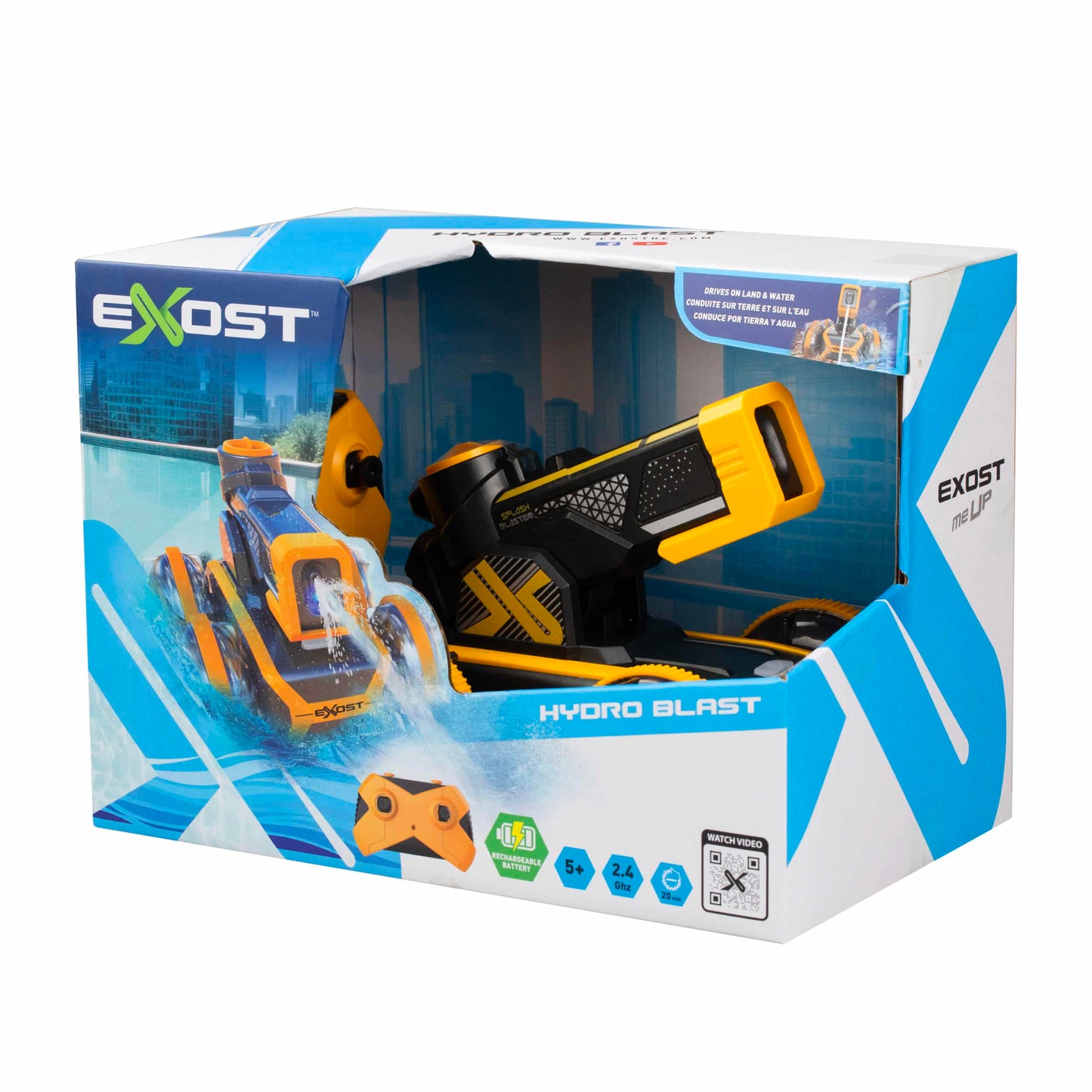 מכונית אמפיבית משפריצה מים על שלט Exost Hydro