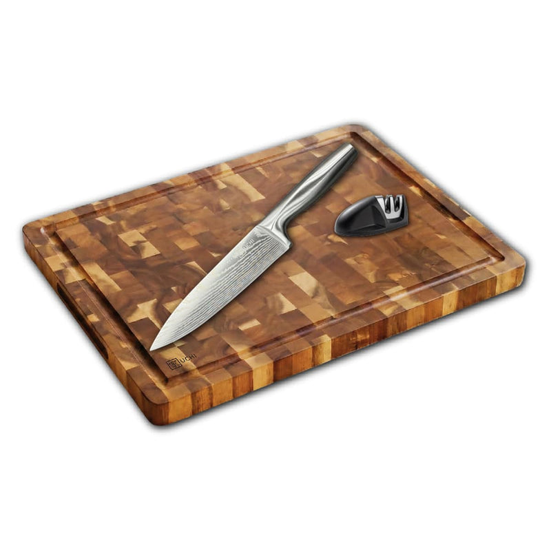 סט לוח חיתוך מקצועי, סכין שף ומשחיז קרמי - גאדג'ט-ליין