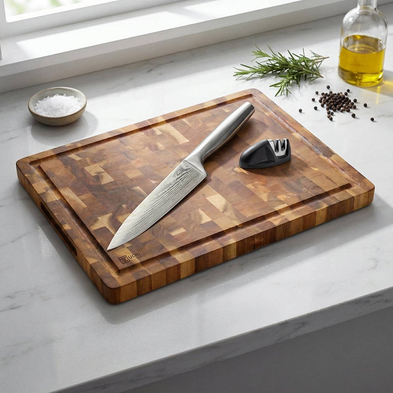 סט לוח חיתוך מקצועי, סכין שף ומשחיז קרמי - גאדג'ט-ליין