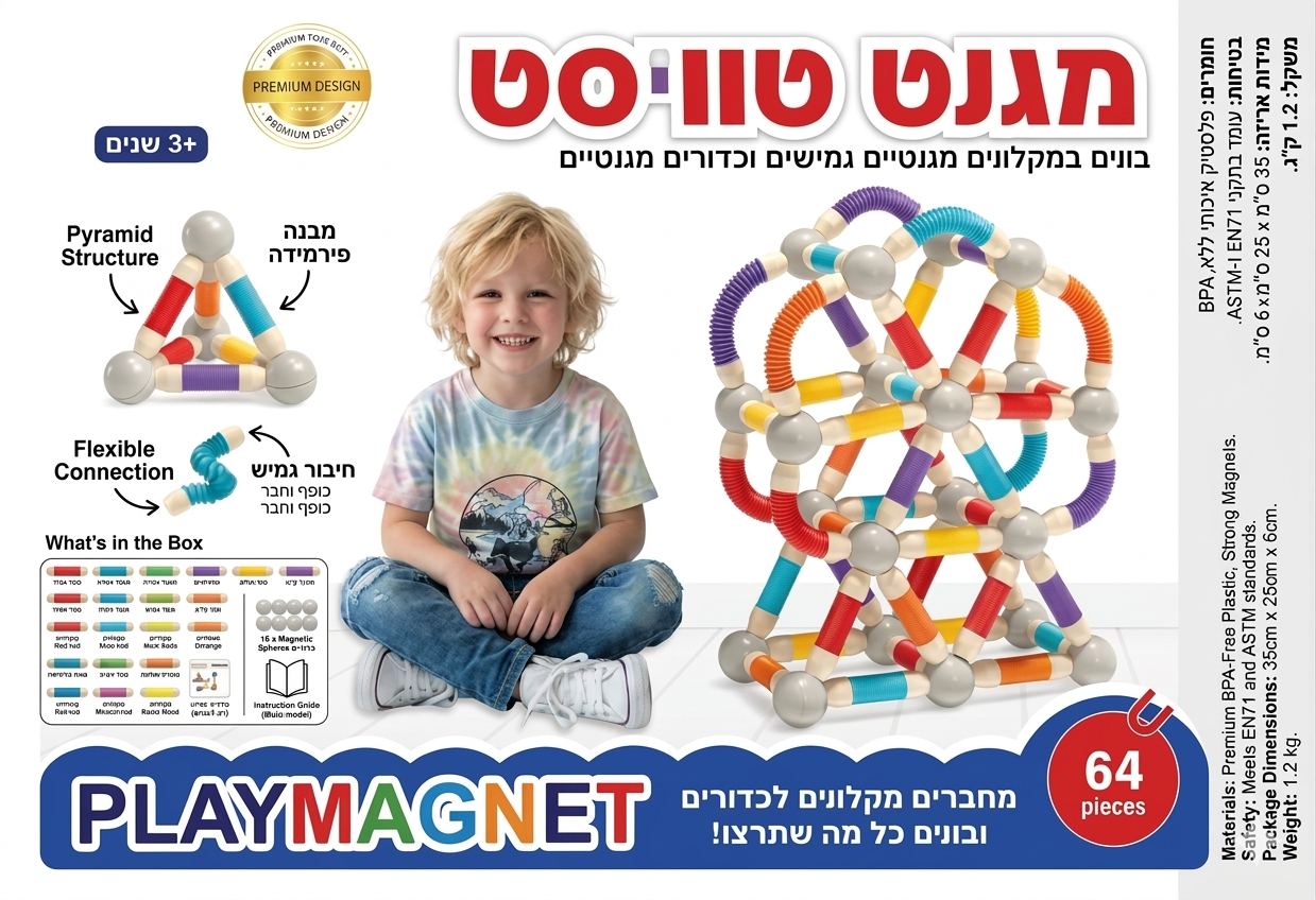 משחק הרכבה מגנט טוויסט לילדים 64 חלקים - גאדג'ט-ליין