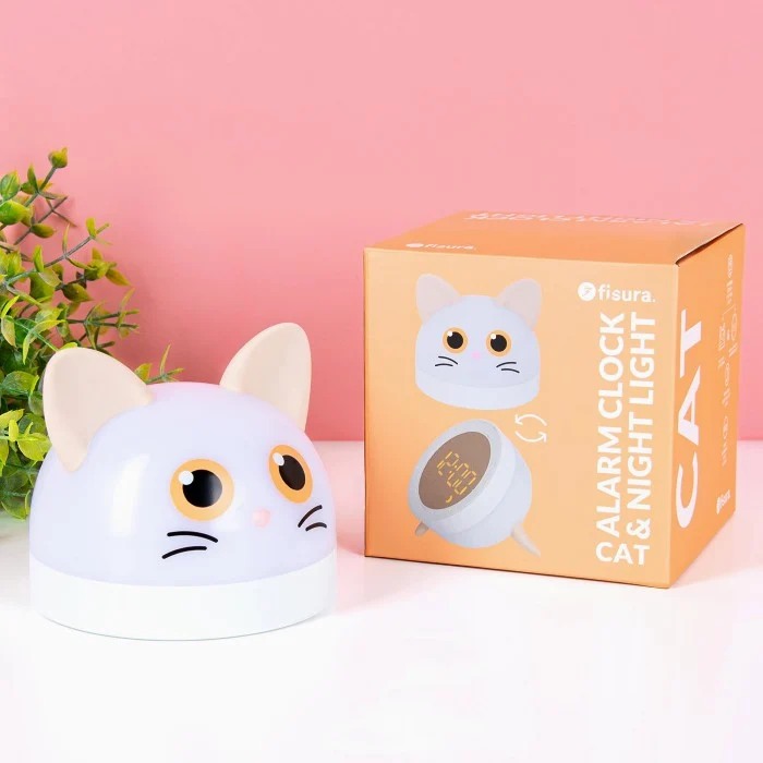שעון מעורר דיגיטלי עם מנורת לילה נטענת בעיצוב חתול