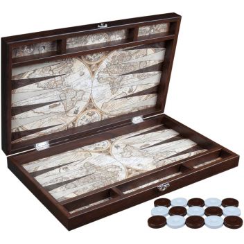 לוח שש בש מעץ בעיצוב רטרו עם רקע גלובוס