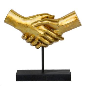 פסל אומנותי מוזהב "יד לוחצת יד" בסיס שחור