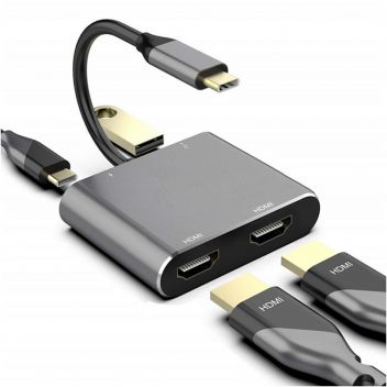 מתאם USB TYPE C ל 2 מסכי HDMI כולל טעינה PD ו USB3