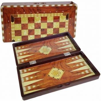 לוח שחמט שש-בש דמקה מעוטר, בצבעי מהגוני-זהוב, דגם - גדול