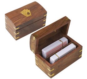 קופסת קלפים מעץ עם עיטורי נחושת ו-2 חפיסות קלפים