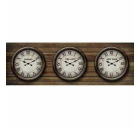 שלושה שעונים אנלוגיים על קנבס דמוי עץ