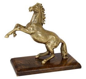 פסל אומנותי סוס אלומיניום בגימור זהב על בסיס עץ